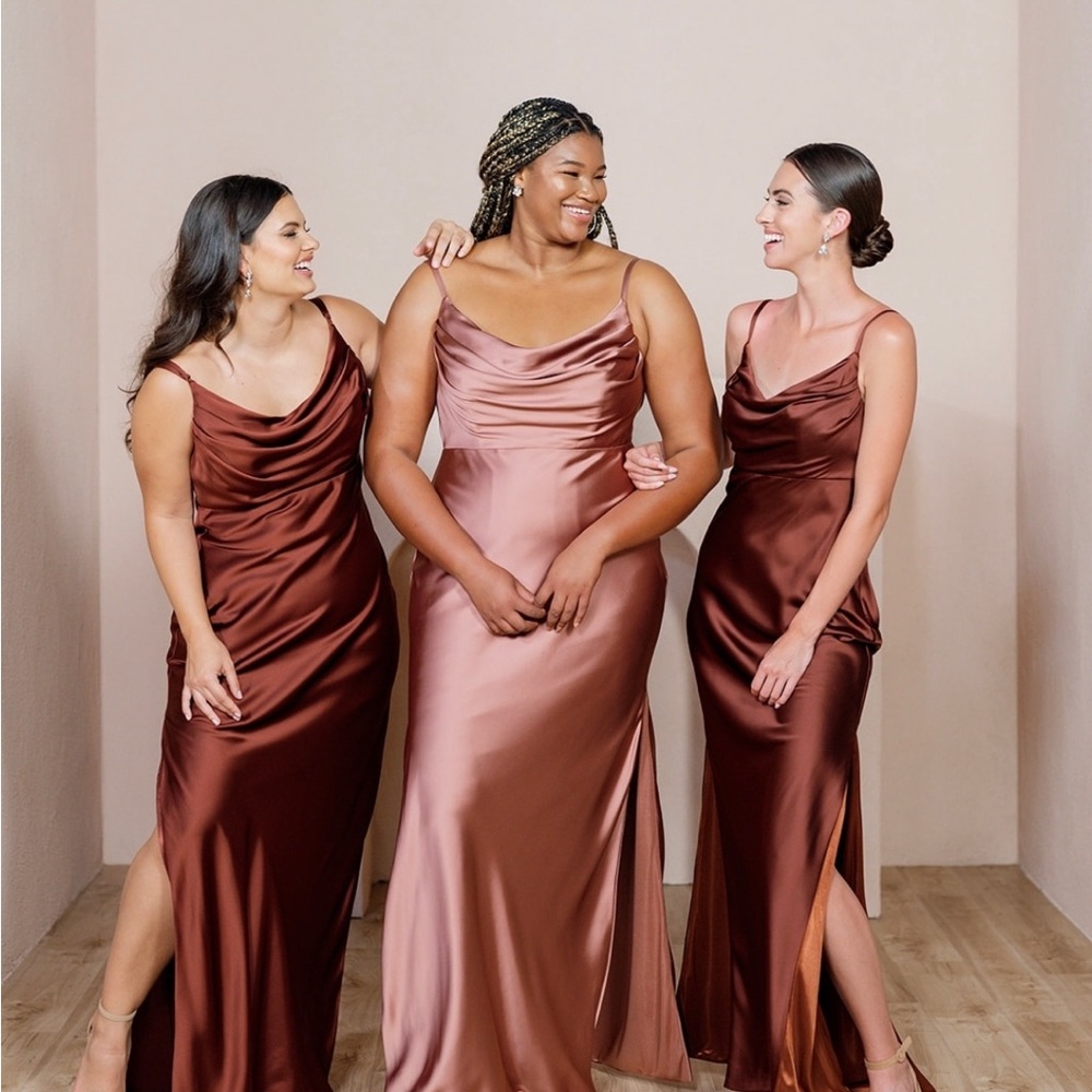 Revelry Skye Satin Bridesmaid Dress in Cinnamon Rose Size 2 Petite Length